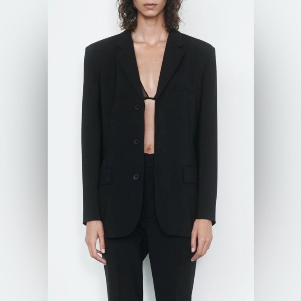 NWT ZARA Black Three-Button straight wool blended Tailored Blazer size S